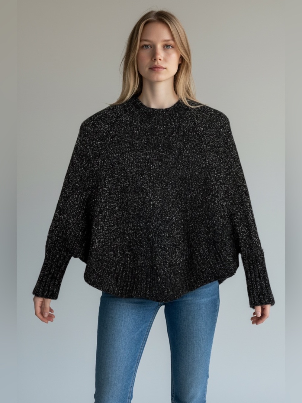 Michael Kors Black Metallic Gold Crewneck Cape Pancho Sweater